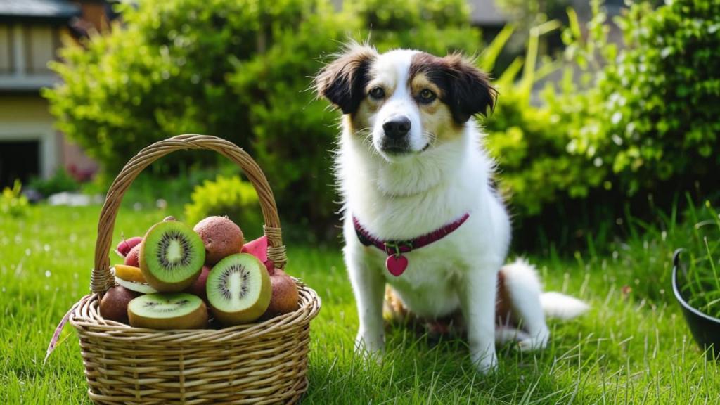 Собака сидит возле корзины с киви