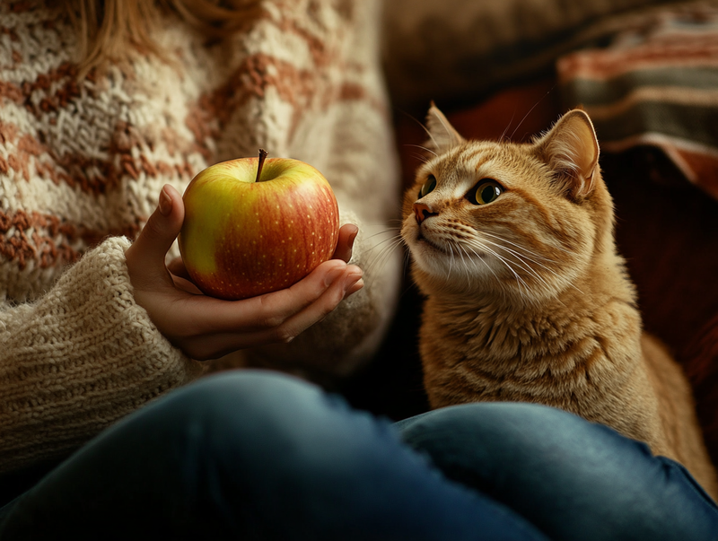 Кошка смотрит на яблоко