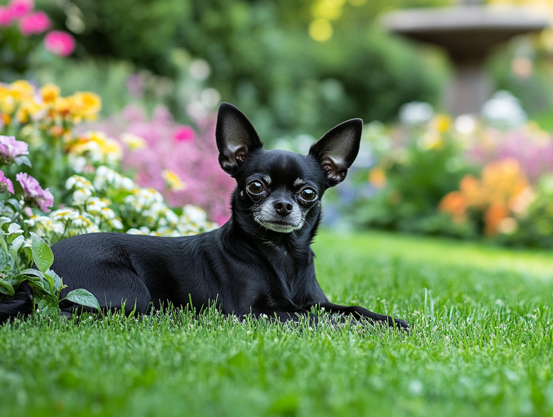 Черная чихуахуа у клумбы