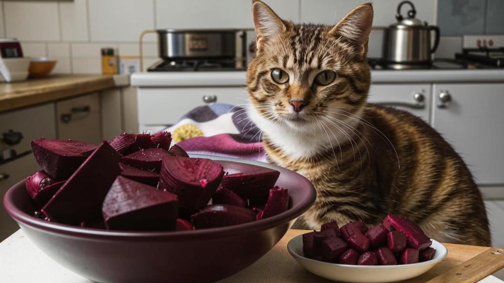 Кошка сидит у миски со свеклой