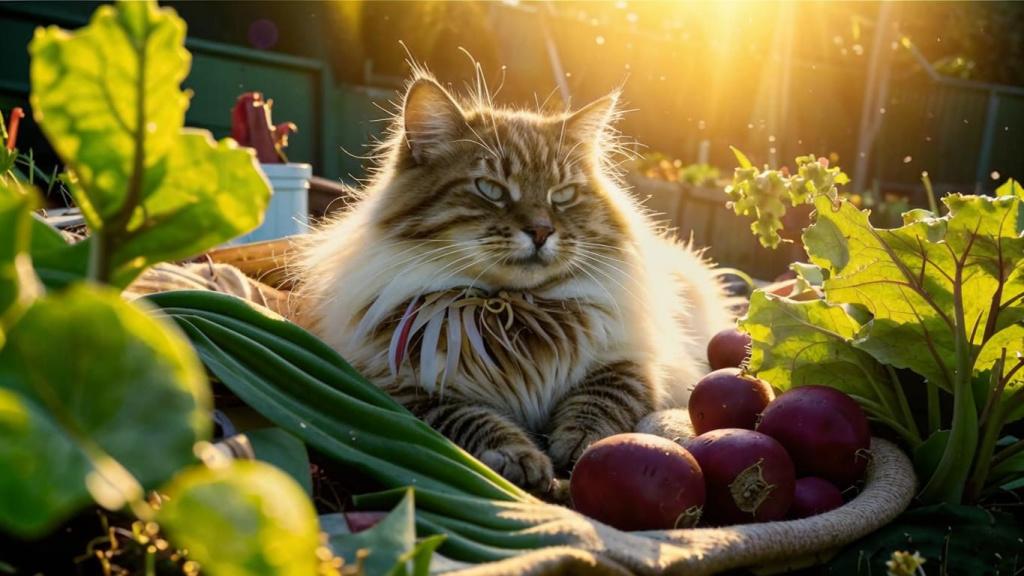 Кошка лежит рядом с красной свеклой