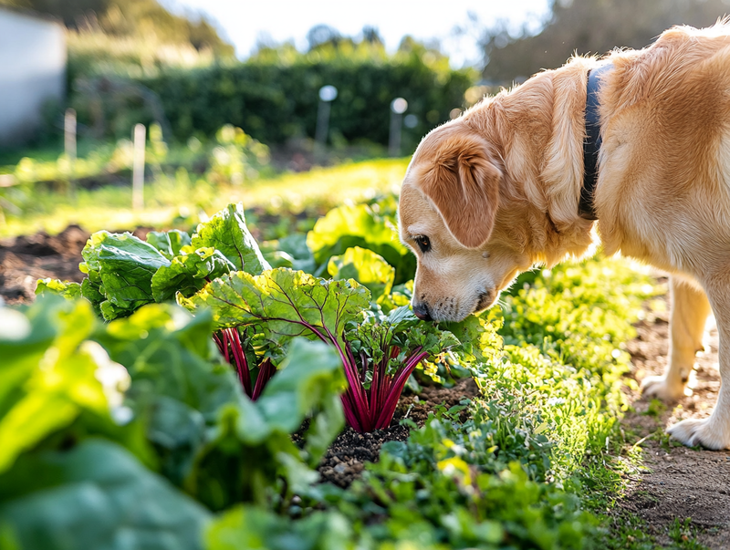 Собака нюхает свеклу на грядке