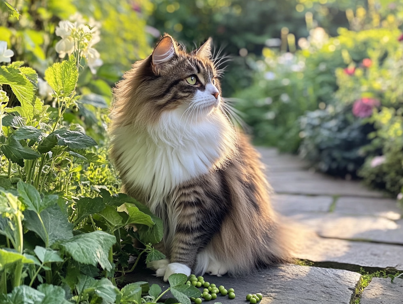 Кошка сидит возле гороха в саду