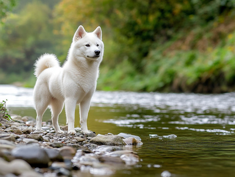 Белая шиба-ину у реки