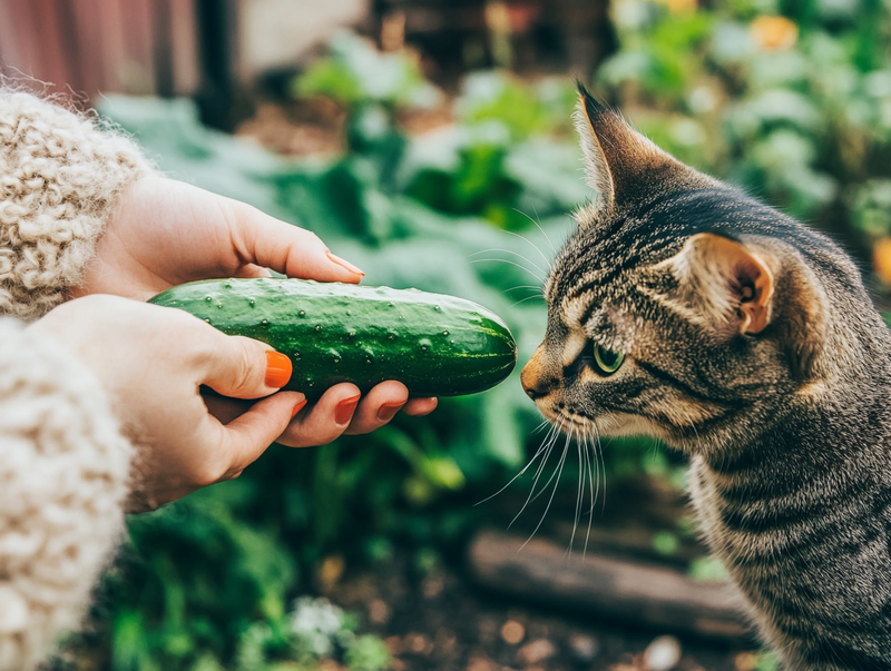 Кошка нюхает огурец