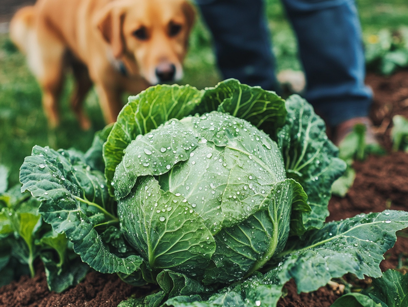 Собака смотрит на капусту