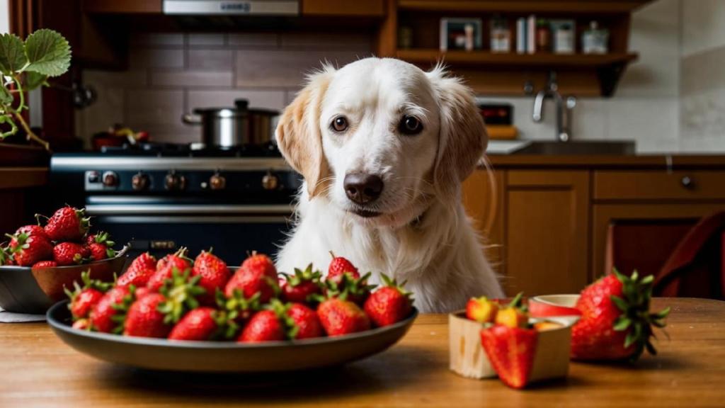 Собака у чашки с клубникой