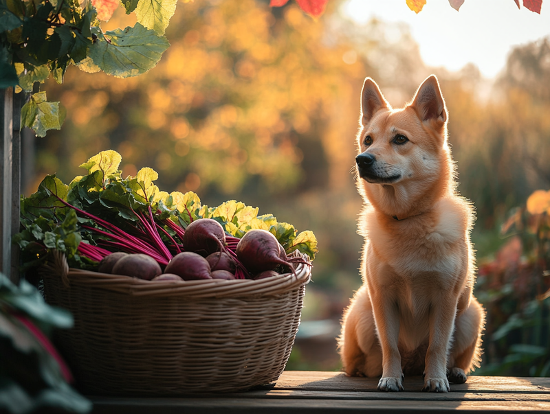 Собака сидит рядом с корзиной со свеклой