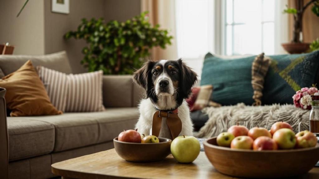 Собака возле тарелки с яблоками