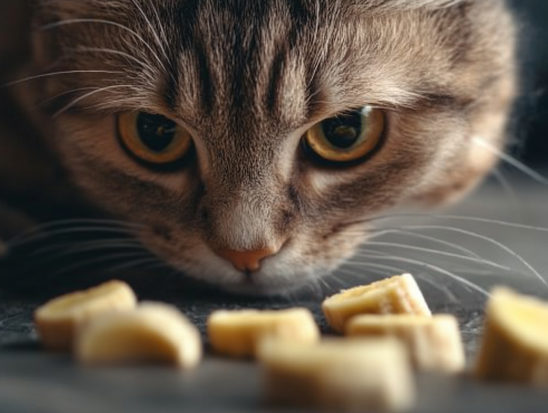 Кошка нюхает кусочки банана