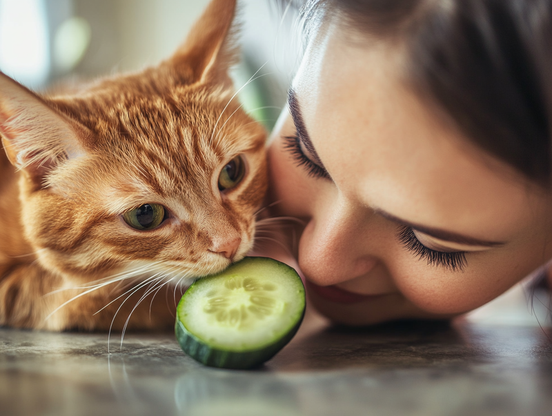 Кошка кушает огурец