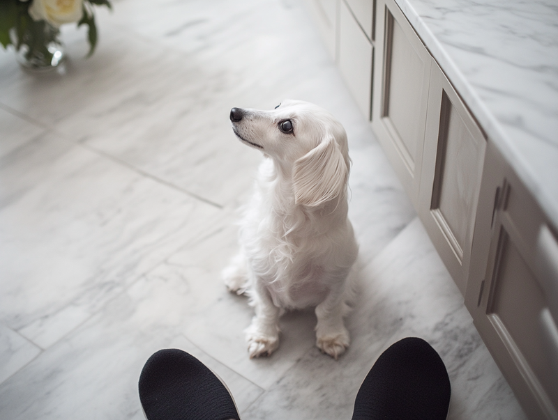 Белая такса на кухне