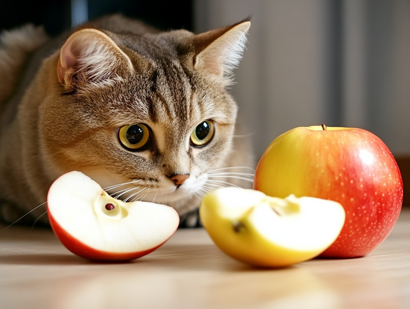 Кошка смотрит на кусочки яблока