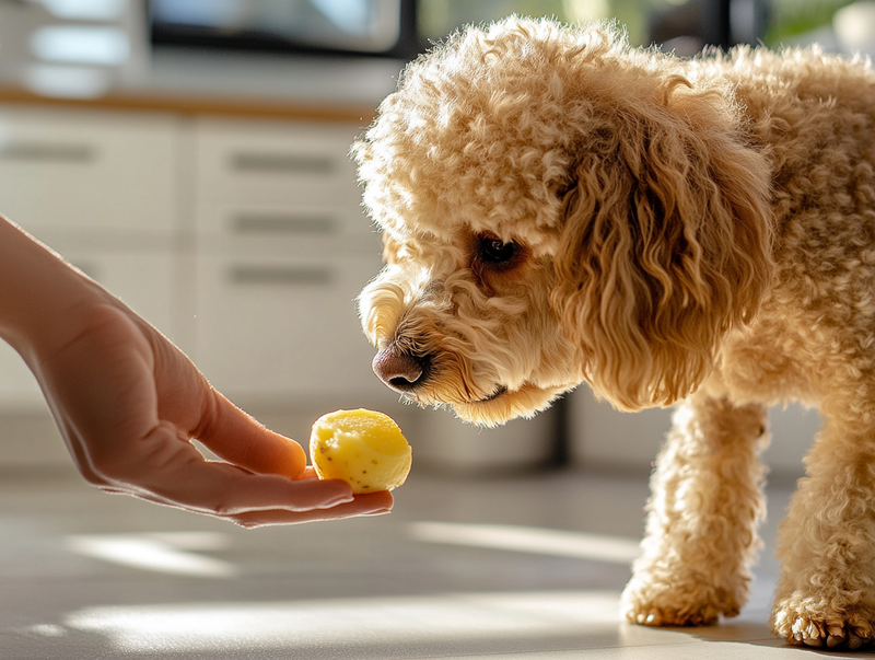 Собака ест картошку