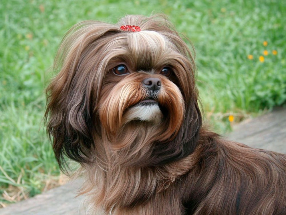 Русская цветная болонка на прогулке