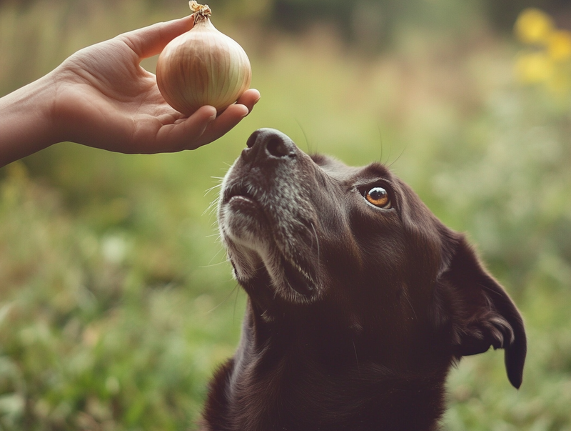 Собака смотрит на лук