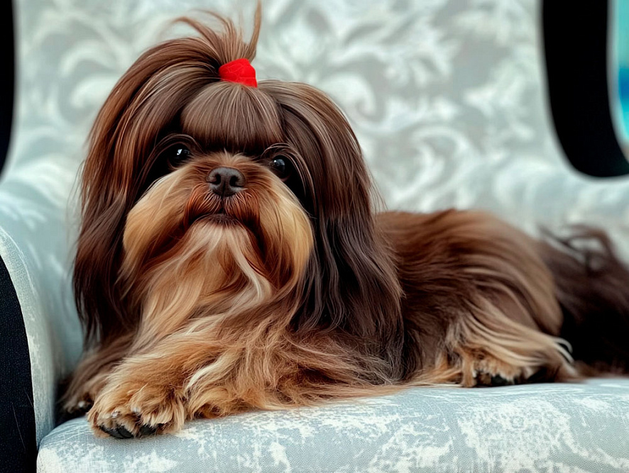 Русская цветная болонка с хвостиком на голове