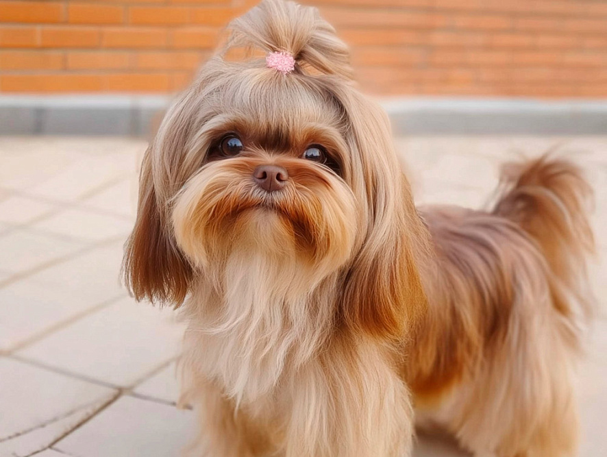 Русская цветная болонка возле дома