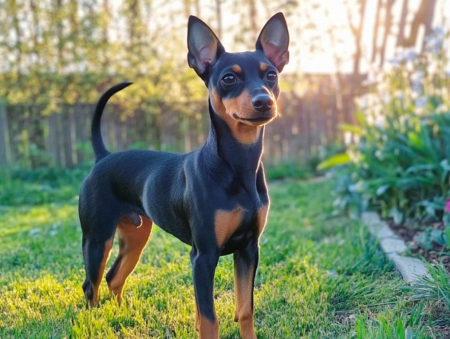 Английский той-терьер в саду