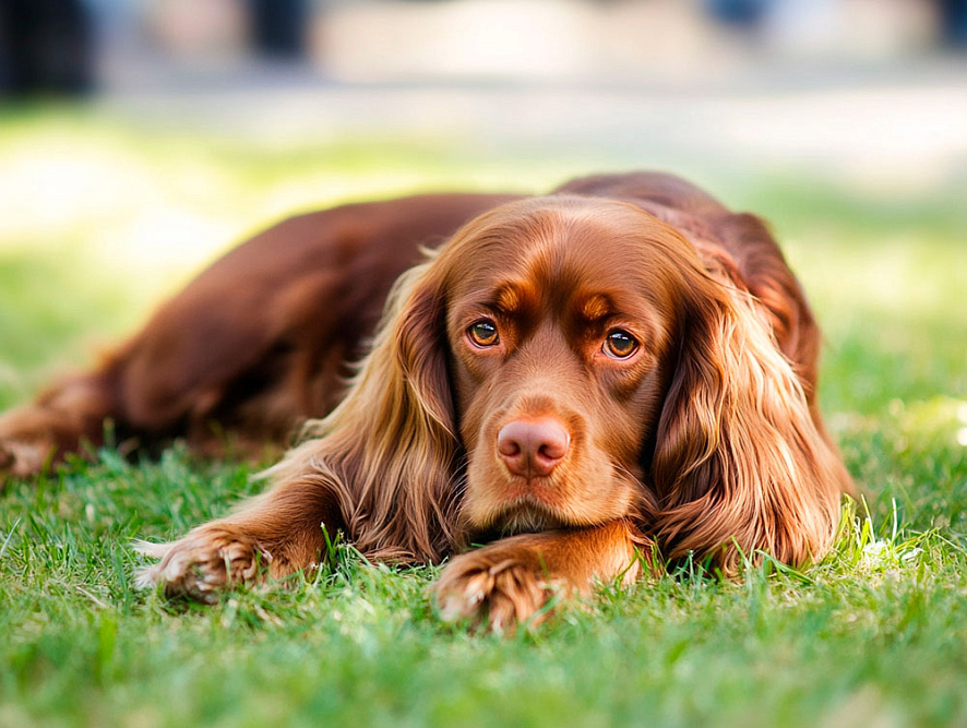 Суссекс-спаниель отдыхает на траве
