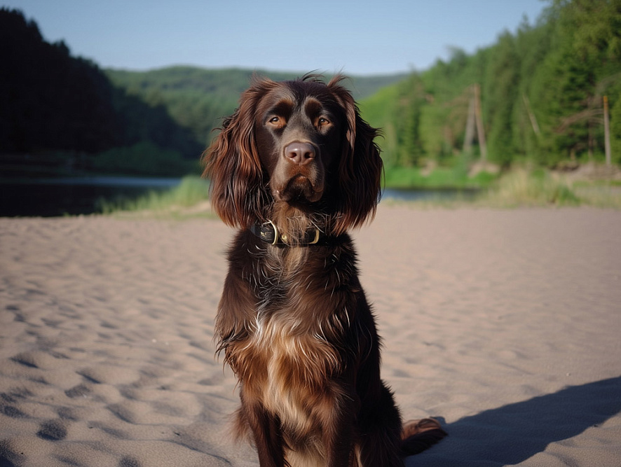 Немецкий вахтельхунд сидит на песке