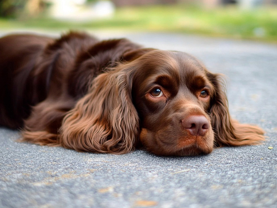 Суссекс-спаниель лежит на дороге