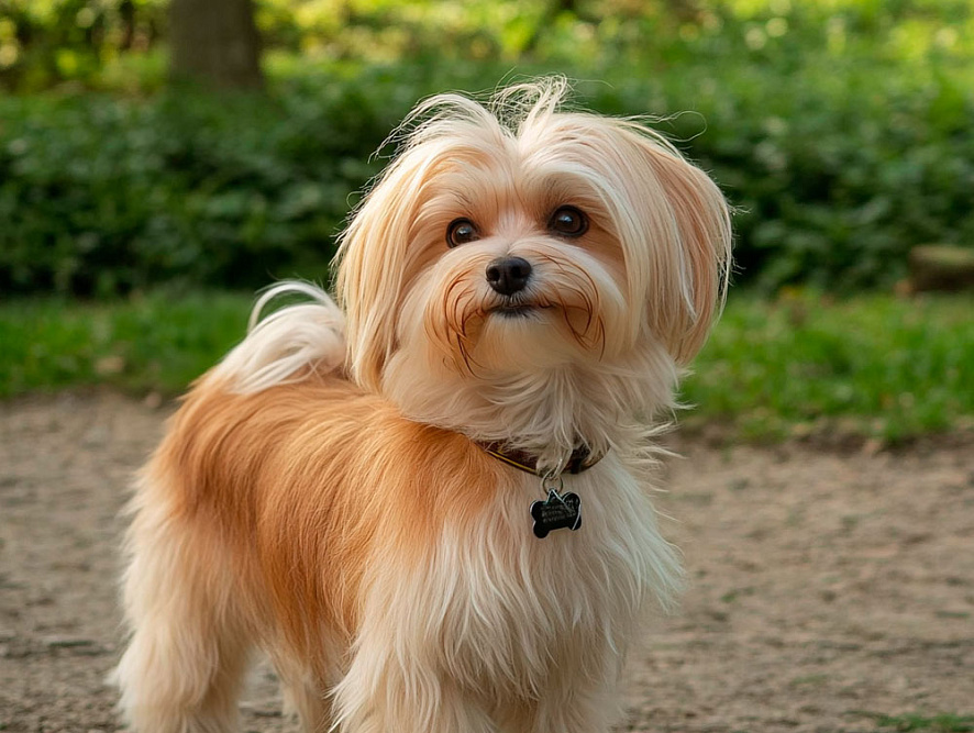 Русская цветная болонка смотрит вперед