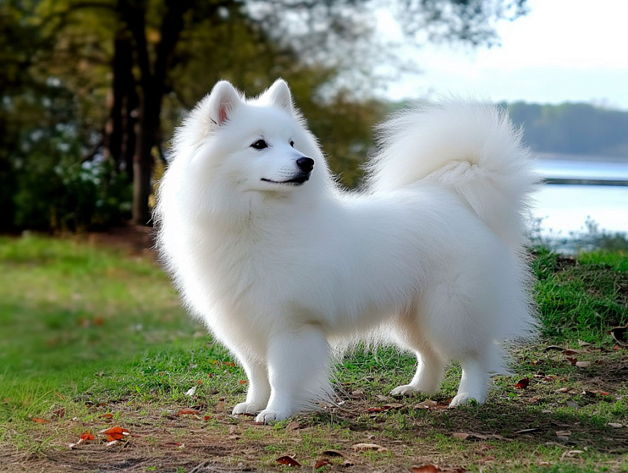 Вольпино итальяно белого окраса на прогулке