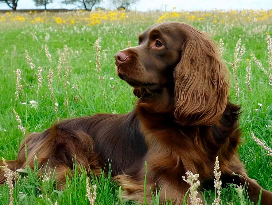 Суссекс-спаниель на летней прогулке