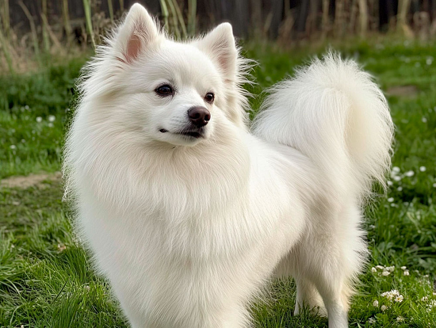 Вольпино итальяно белого окраса на лугу