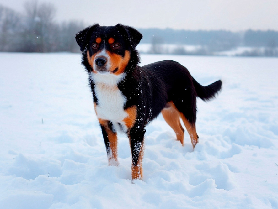 Австрийский пинчер стоит в снегу