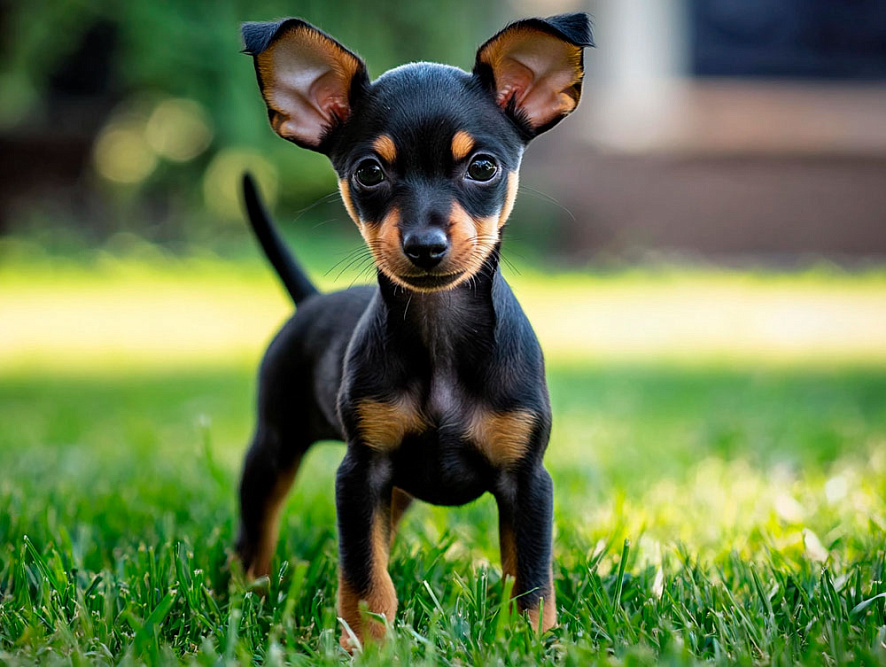 Щенок английского той-терьера на улице