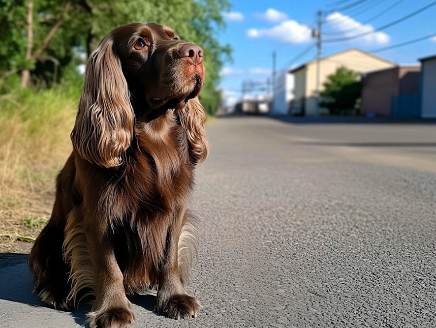 Суссекс-спаниель сидит на дороге