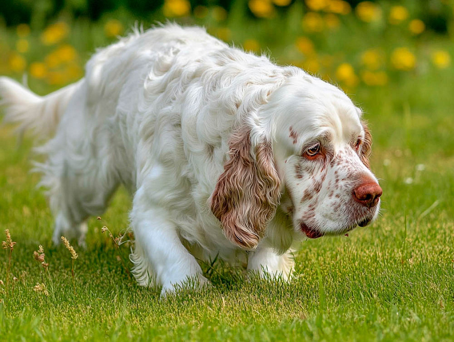 Кламбер-спаниель обнюхивает траву