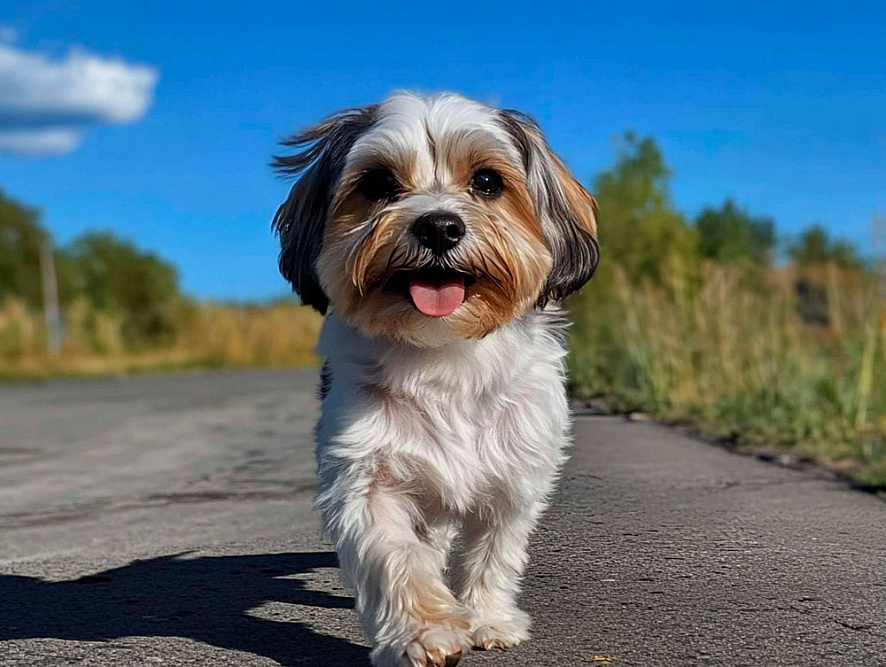 Русская цветная болонка на дороге