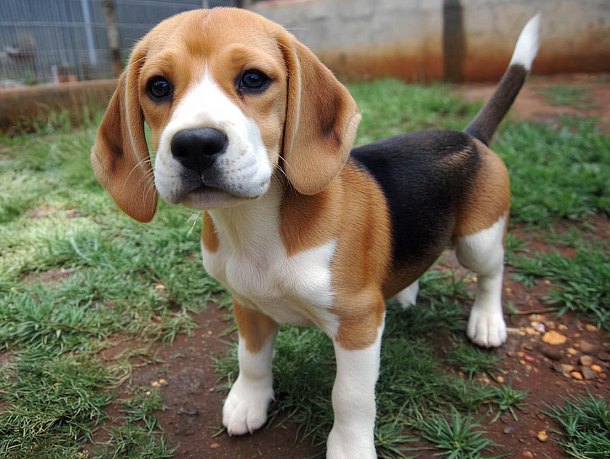 Щенок харьера смотрит в камеру