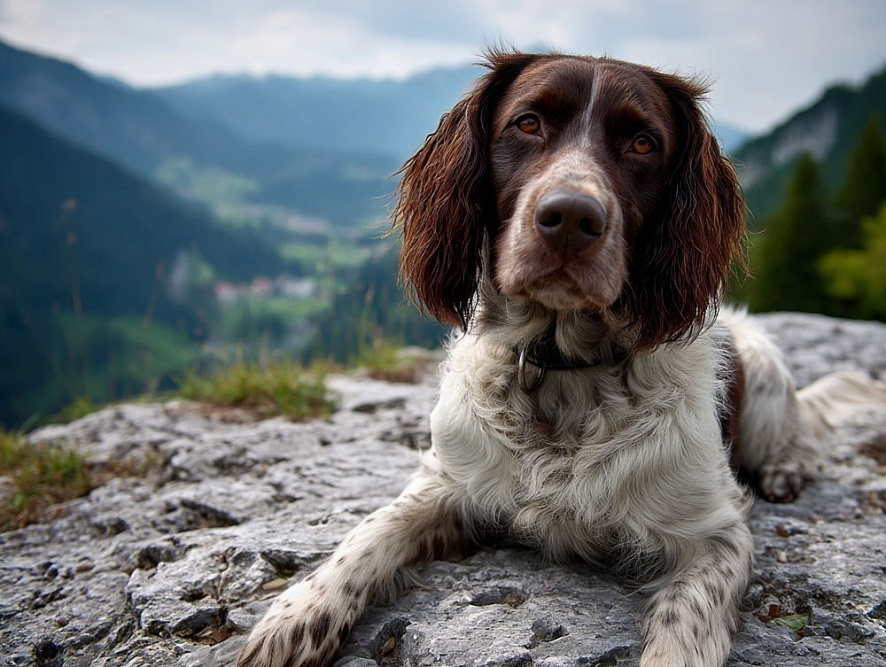 Немецкий вахтельхунд на фоне гор