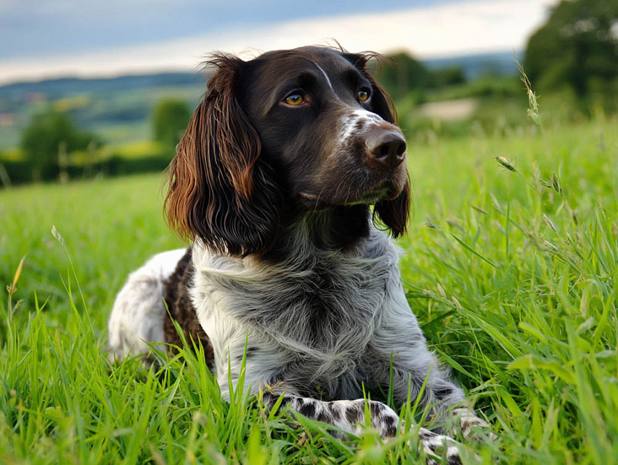 Немецкий вахтельхунд отдыхает на траве