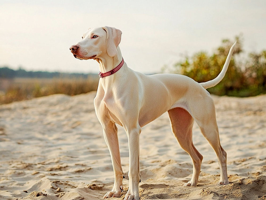 Белый доберман на пляже