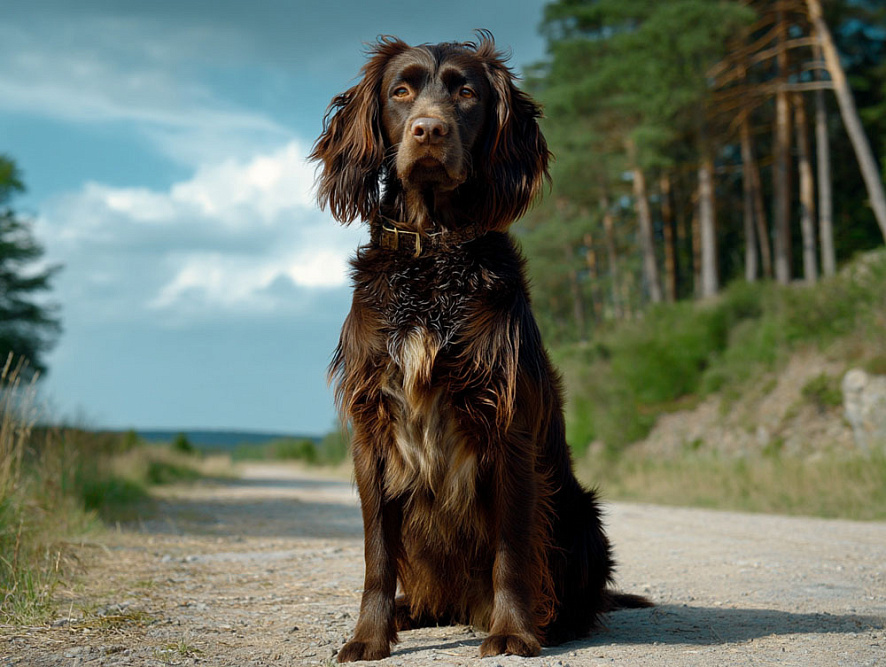 Немецкий вахтельхунд сидит на дороге