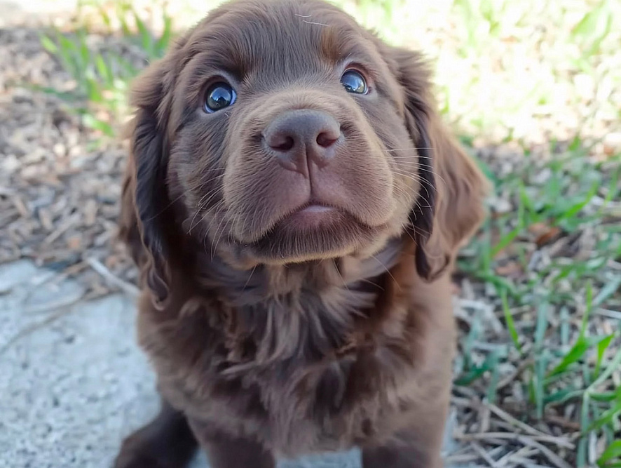 Щенок суссекс-спаниеля смотрит вверх