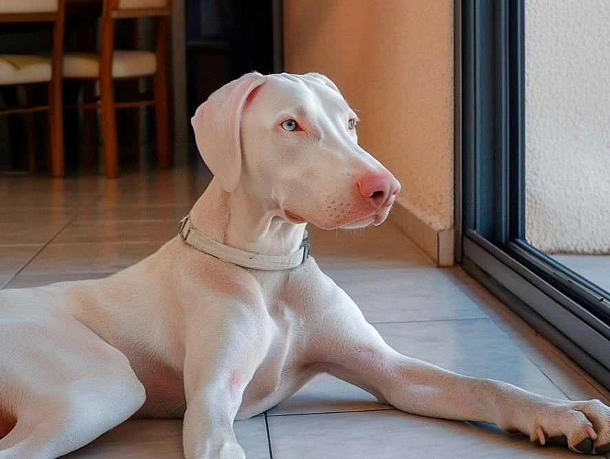 Белый доберман лежит