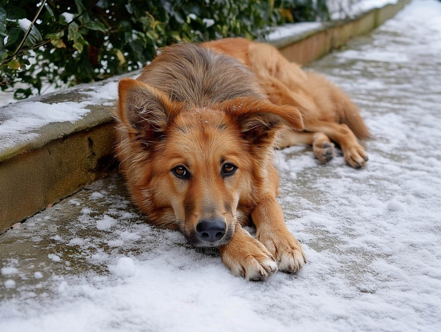 Баскская овчарка зимой во дворе