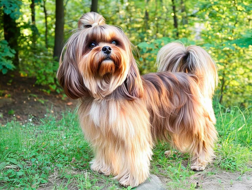 Русская цветная болонка гуляет в парке